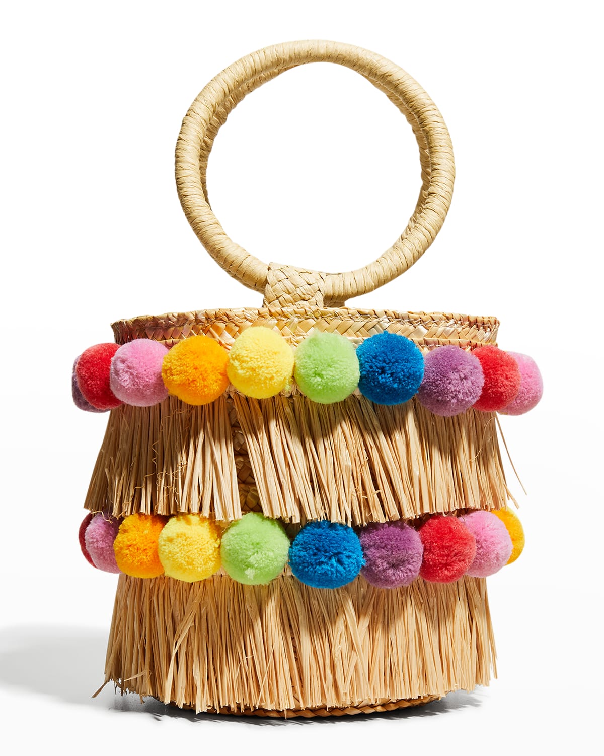 Btb Los Angeles Liv Fringe Pompom Ring Top-handle Bucket Bag In Rainbow