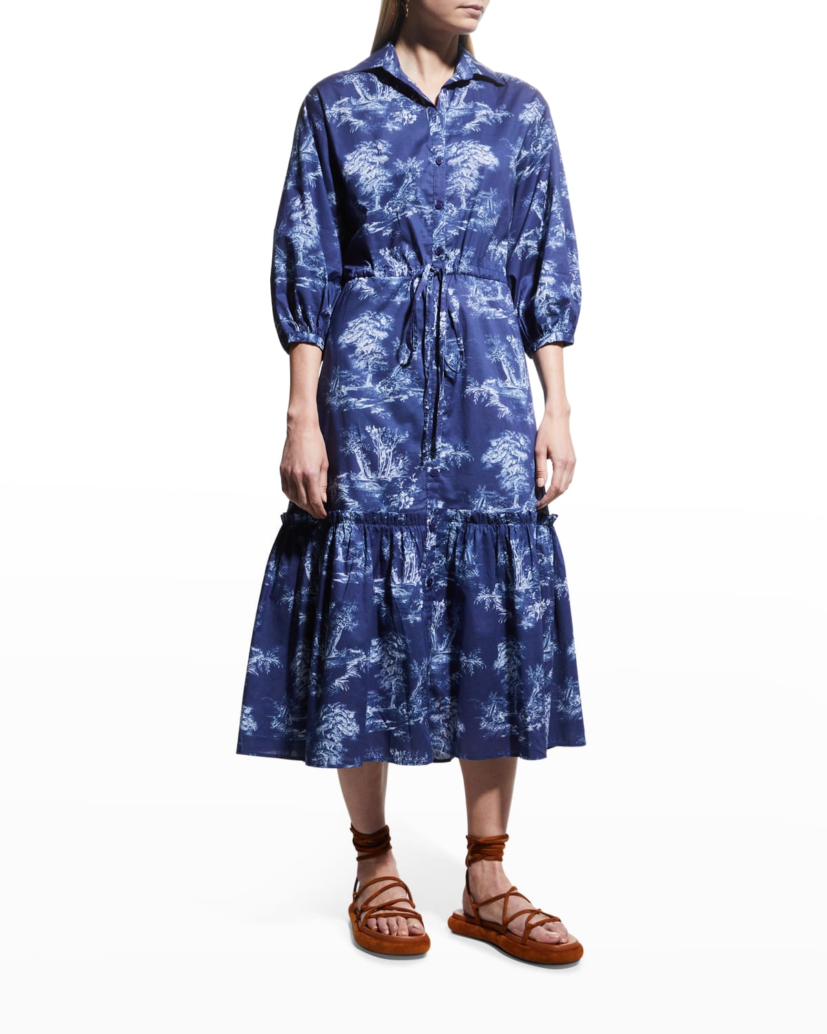 Cara Cara Hutton Puff-sleeve Midi Shirtdress In Forest Toile Navy