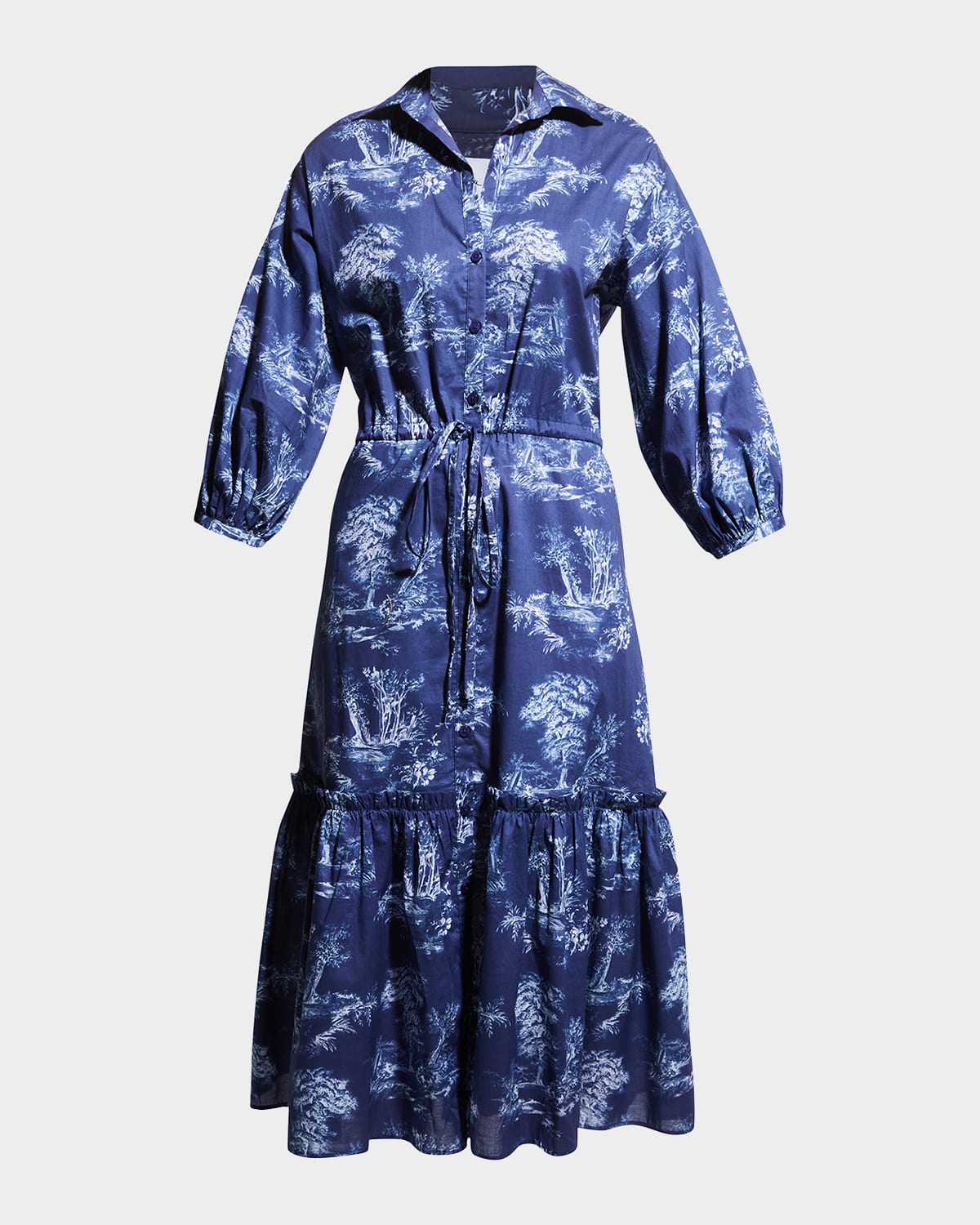 Cara Cara Hutton Puff-sleeve Midi Shirtdress In Forest Toile Navy