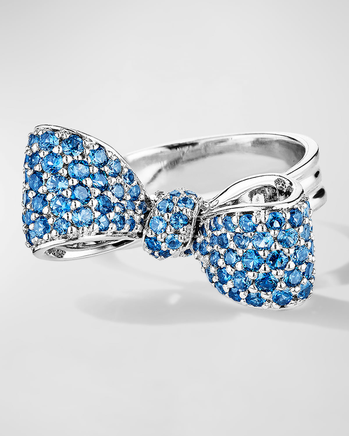 18K White Gold Small Bow Ring with Blue Sapphires, Size 7
