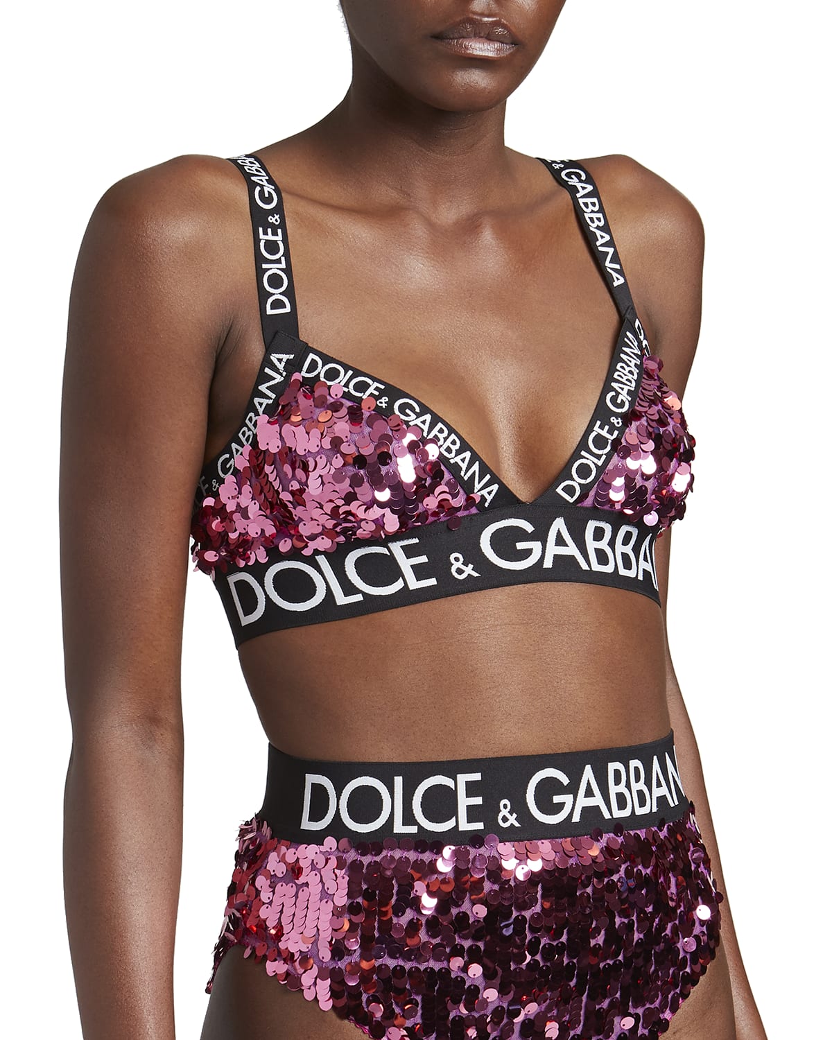 Dolce & Gabbana Sequin Triangle Bralette w/ Logo Bands