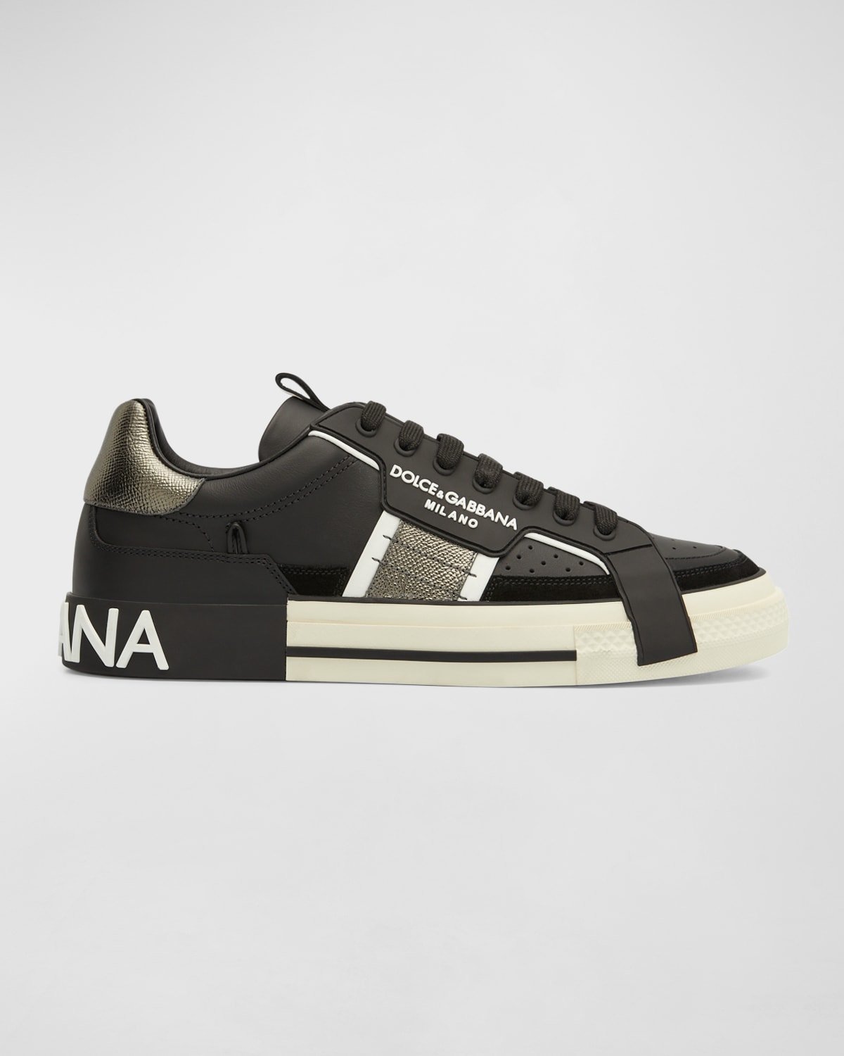 Shop Dolce & Gabbana Men's Portofino Metallic Leather Low-top Sneakers In Black/silver