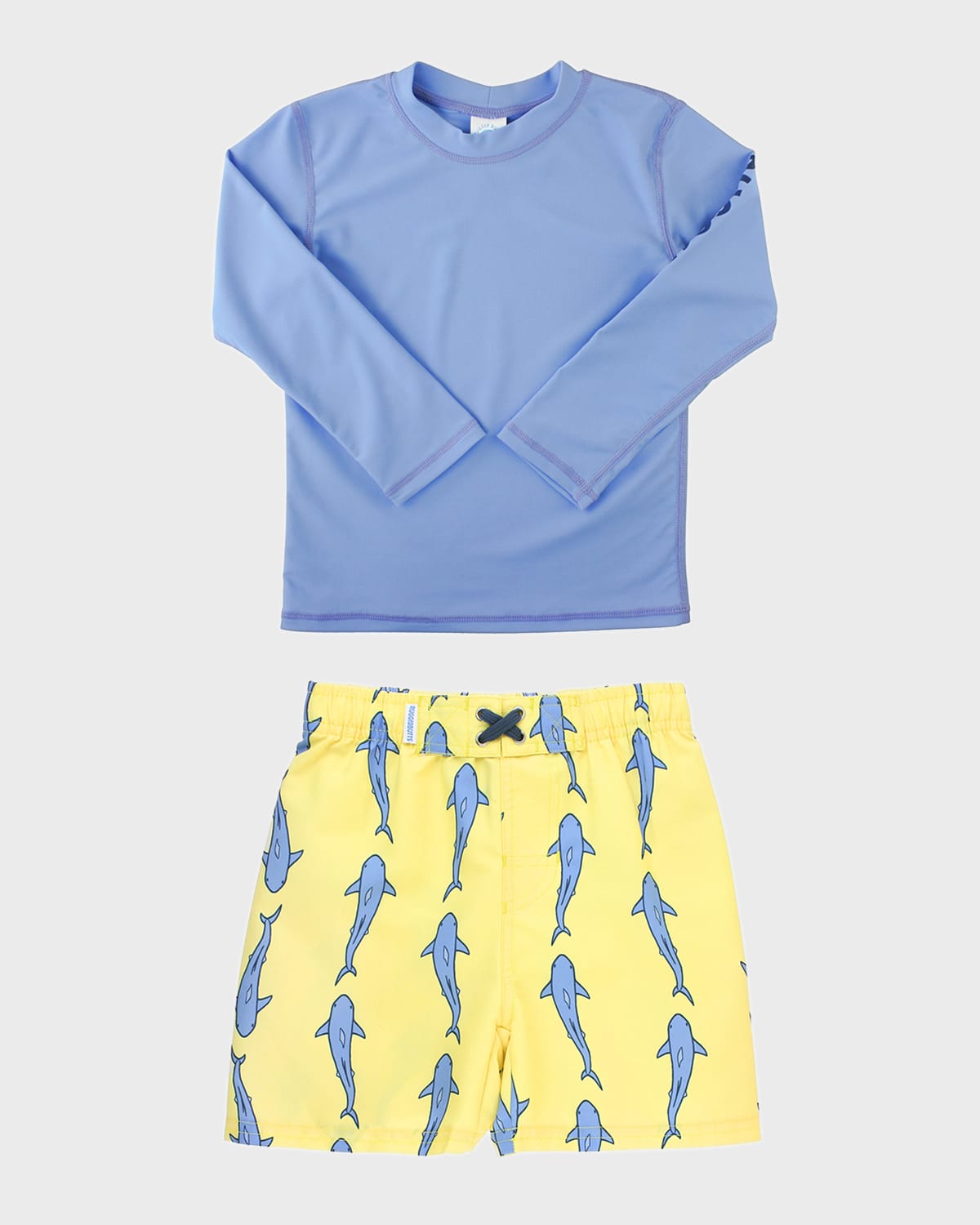 Ruggedbutts Boy's Solid Rash Guard W/ Printed Swim Trunks In Blue Jawsome