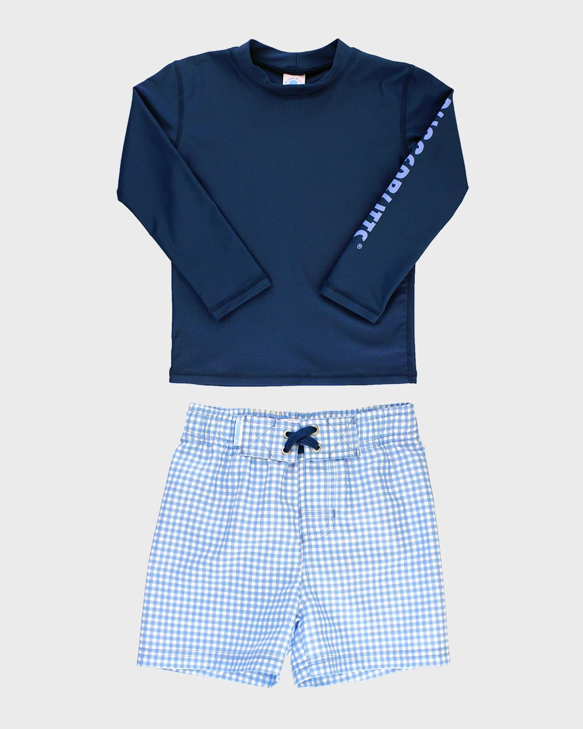 Ruggedbutts Boy's Solid Rash Guard W/ Printed Swim Trunks In Blue Gingham