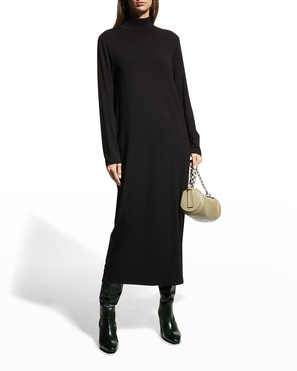 Eileen Fisher Scrunch-Neck Long-Sleeve Fine Jersey Dress