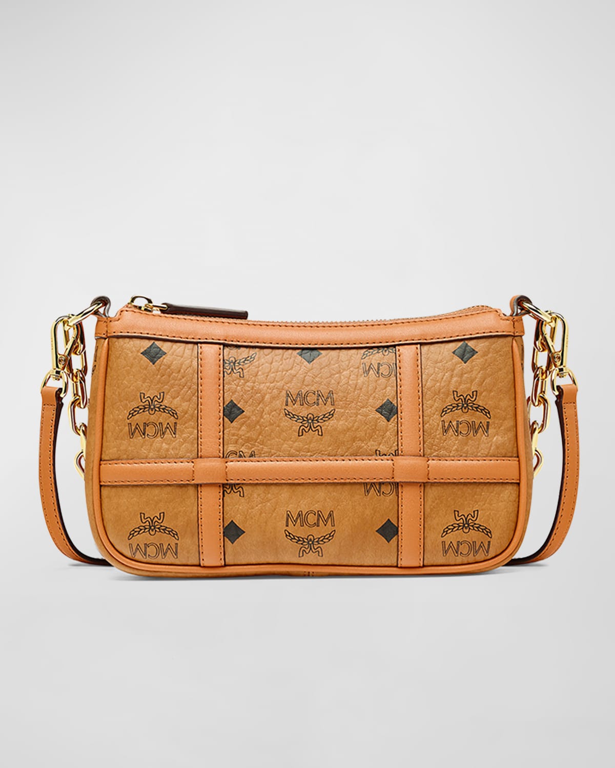 Mcm Delmy Visetos Mini Logo Chain Shoulder Bag In Cognac