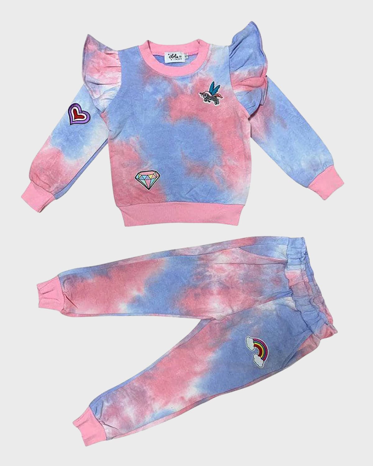 Lola + The Boys Girl's 2-Piece Tie-Dye Ruffle Sweater Set w/ Embroidered Patches, Size 2-14