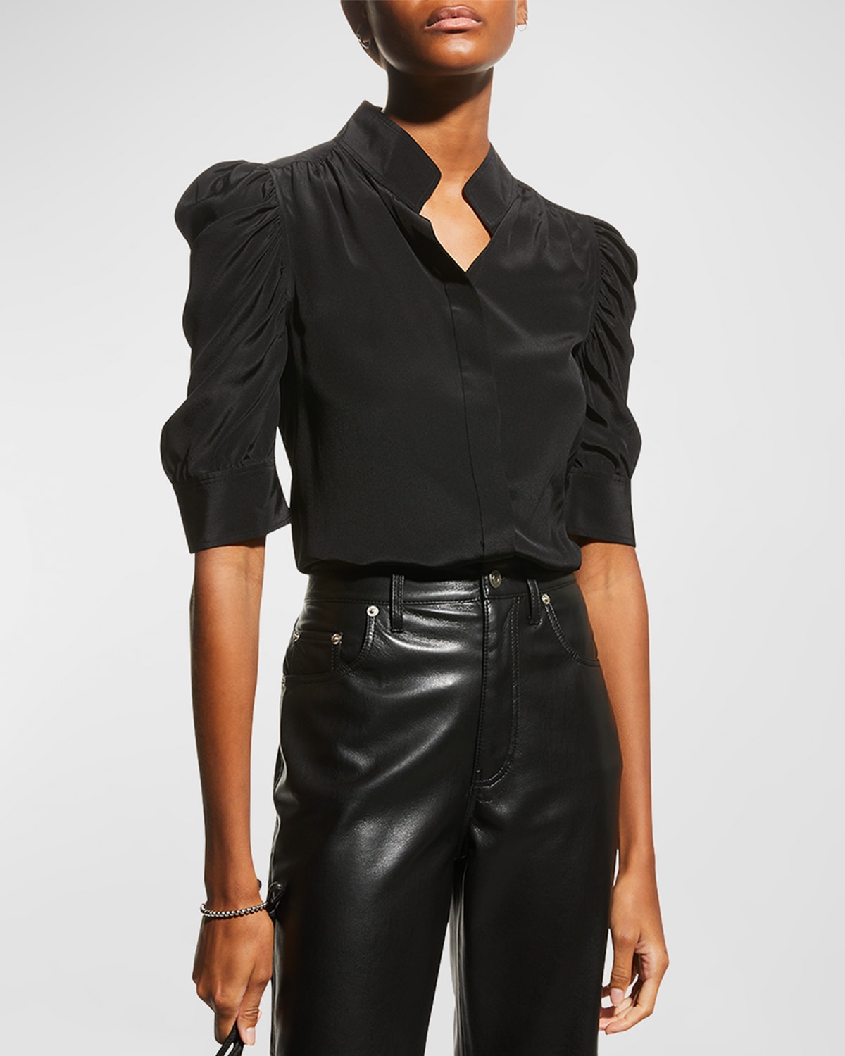 Shop Frame Gillian Silk Collared Puff-sleeve Top In Noir