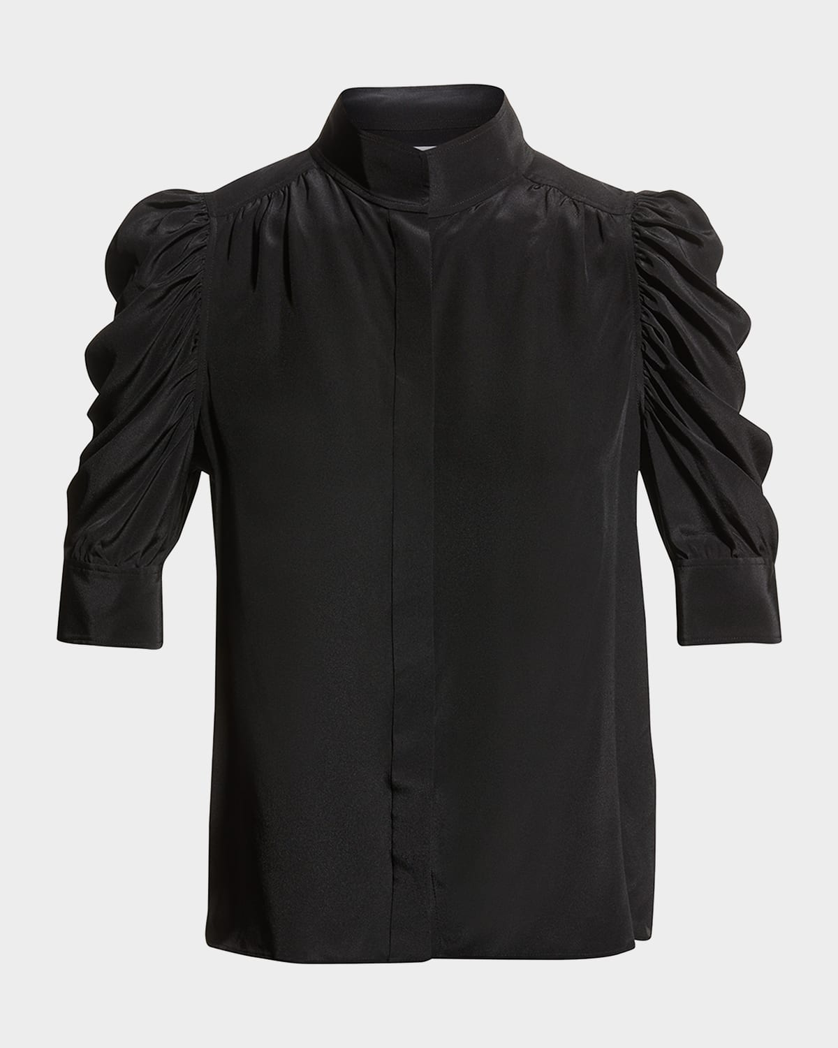 Shop Frame Gillian Silk Collared Puff-sleeve Top In Noir