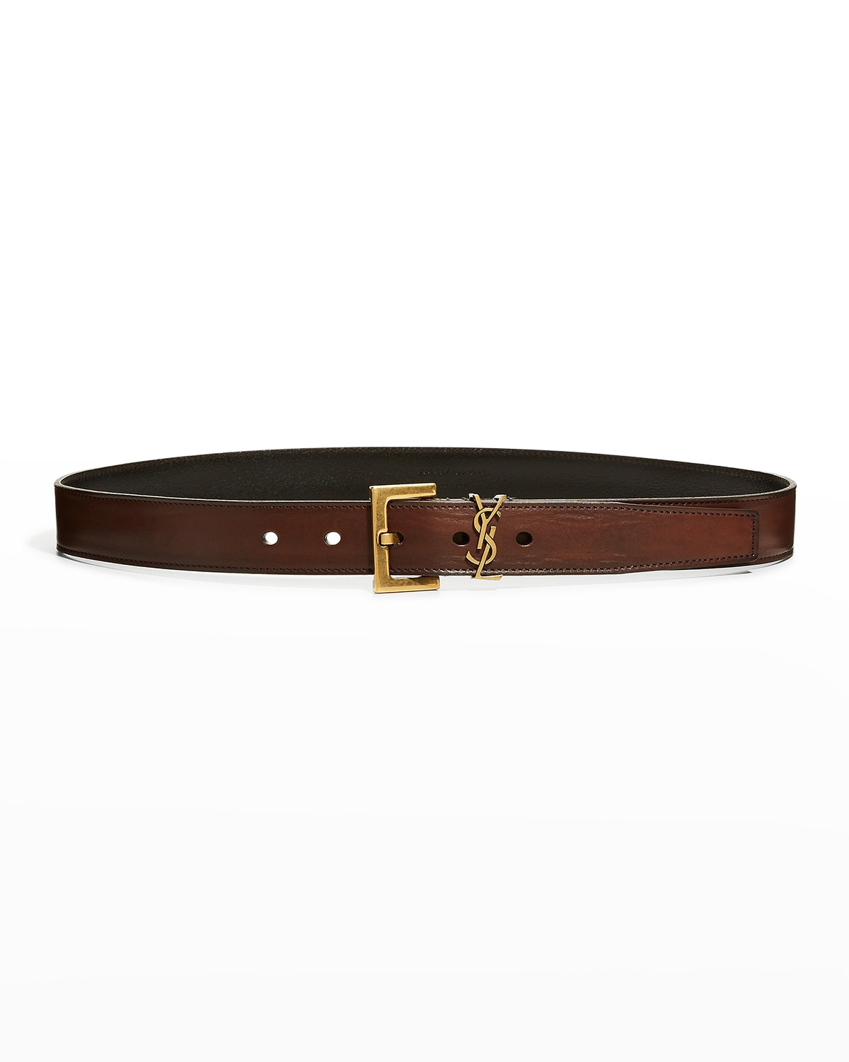 Saint Laurent Ysl Monogram Leather Skinny Belt In Deep Brown