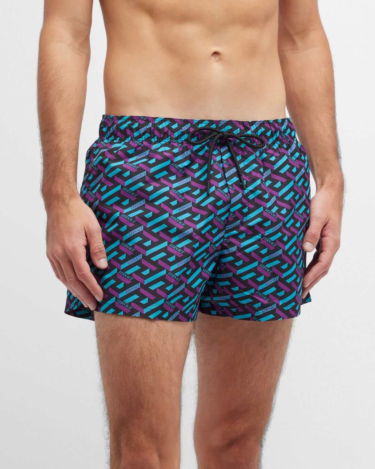 Versace Men's Greca Mono Swim Shorts In Tealplum