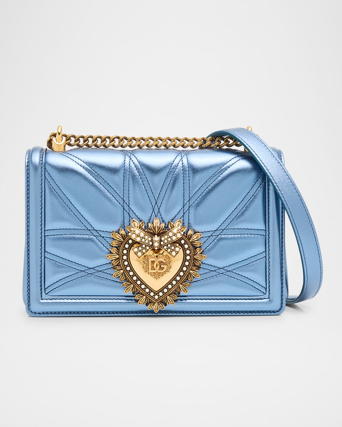 Dolce & Gabbana Devotion Medium Quilted Metallic Chain Shoulder Bag In Blu Chiaro Laminato