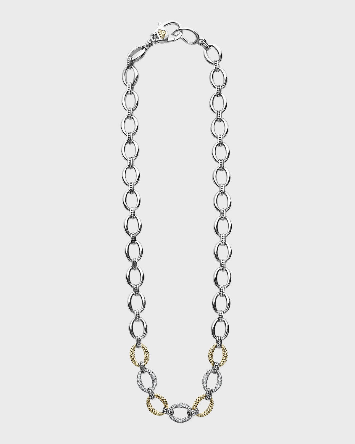 Caviar Lux Two-Tone Three Pave Diamond Station Oval Link Necklace