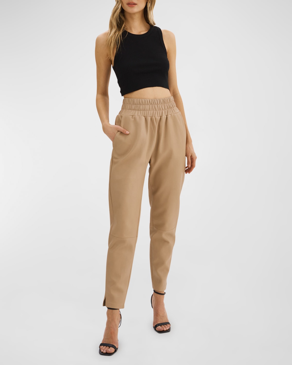 Shop Lamarque Nineta Cropped Leather Trousers In Wheat