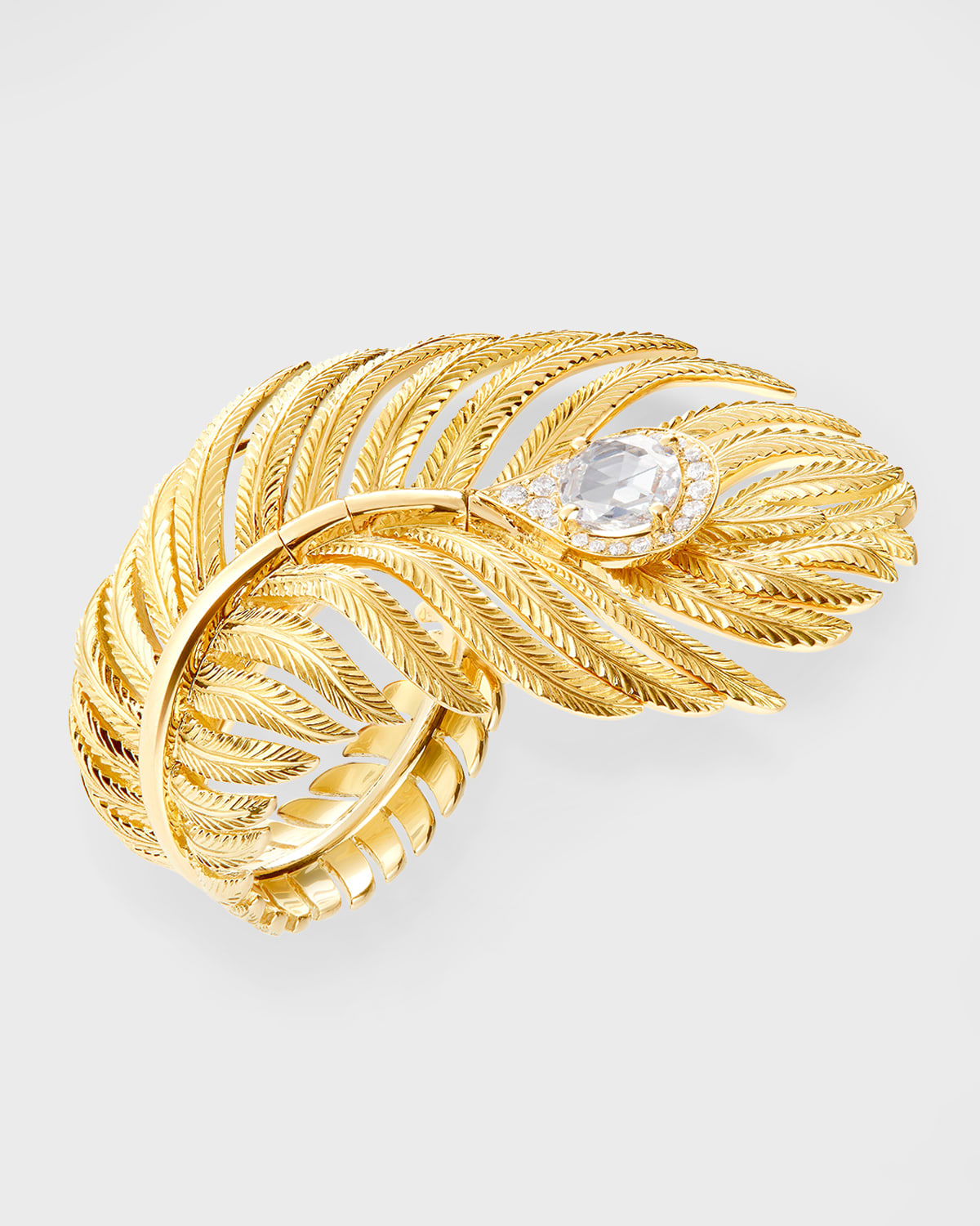 Yellow Gold Plume de Paon Large Ring with Diamonds, Size 50