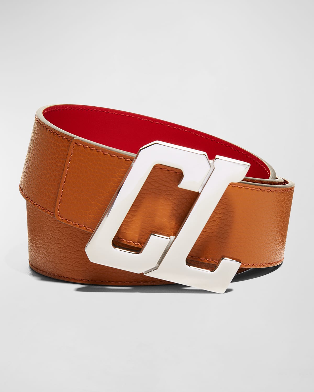 Christian Louboutin Men's Happy Rui Cl-logo Leather Belt In Foxy/loubi/silver