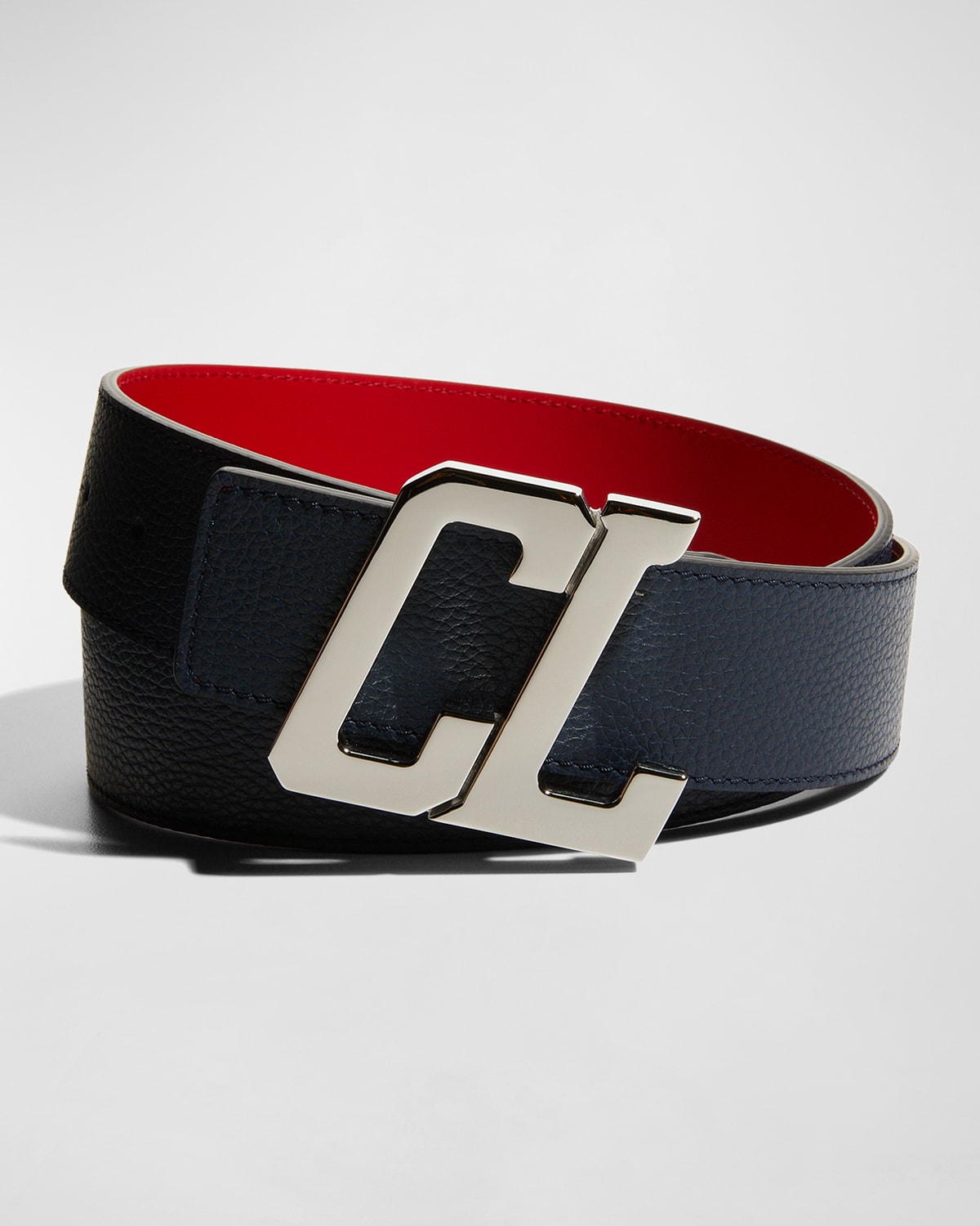 Christian Louboutin Men's Happy Rui Cl-logo Leather Belt In Navy/loubisilver