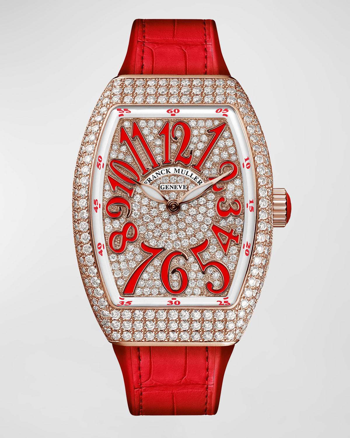 Franck Muller 18k Rose Gold Diamond Lady Vanguard Watch With Red Alligator Strap