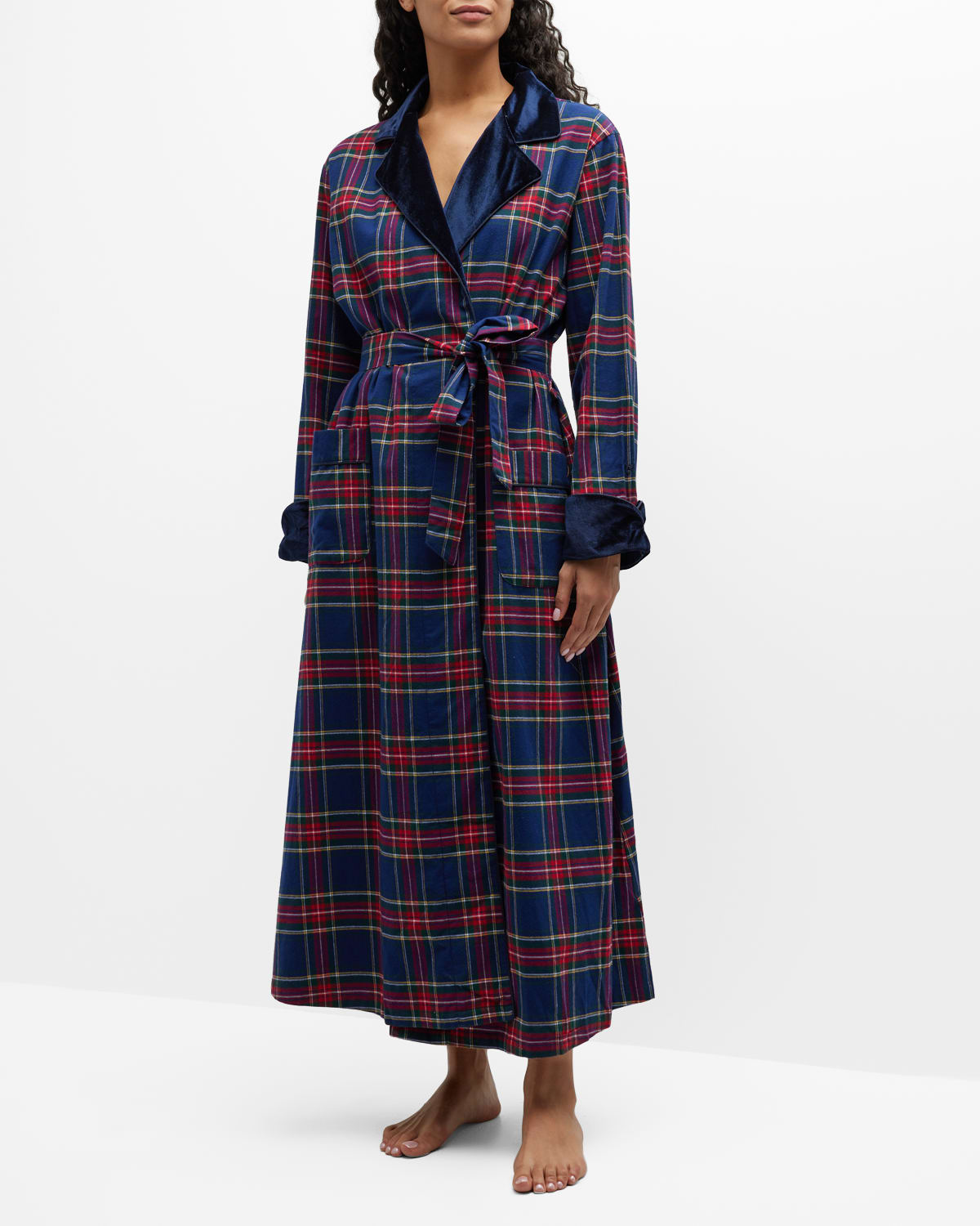 Petite Plume Windsor Velvet-trim Tartan Robe In Multi