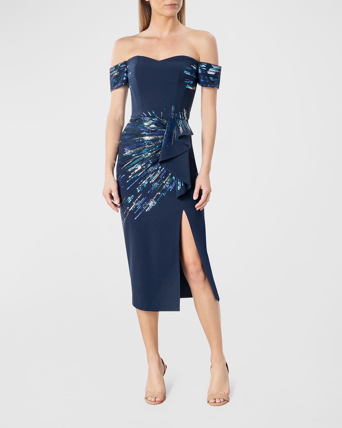 Dress The Population Alani Off-the-shoulder Sequin Midi Dress In Navy Multi