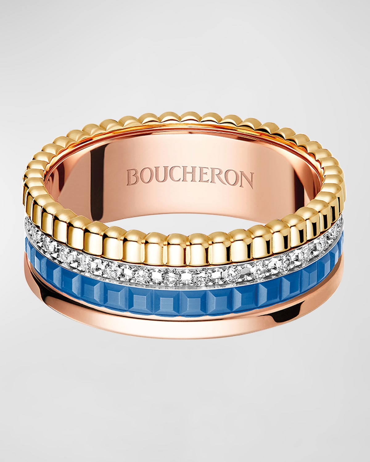 Boucheron Tricolor Gold Quatre Blue Ceramic and Diamond Ring, Size 50