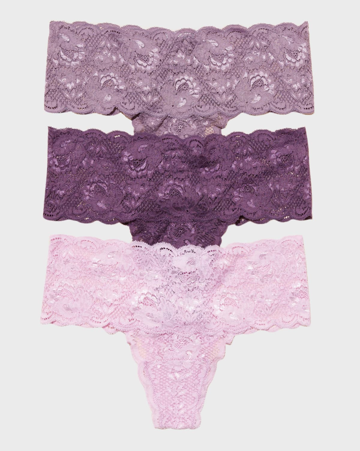 Cosabella Never Say Never Comfie Lace Thongs 3-pack In Zaadi Purple/hima