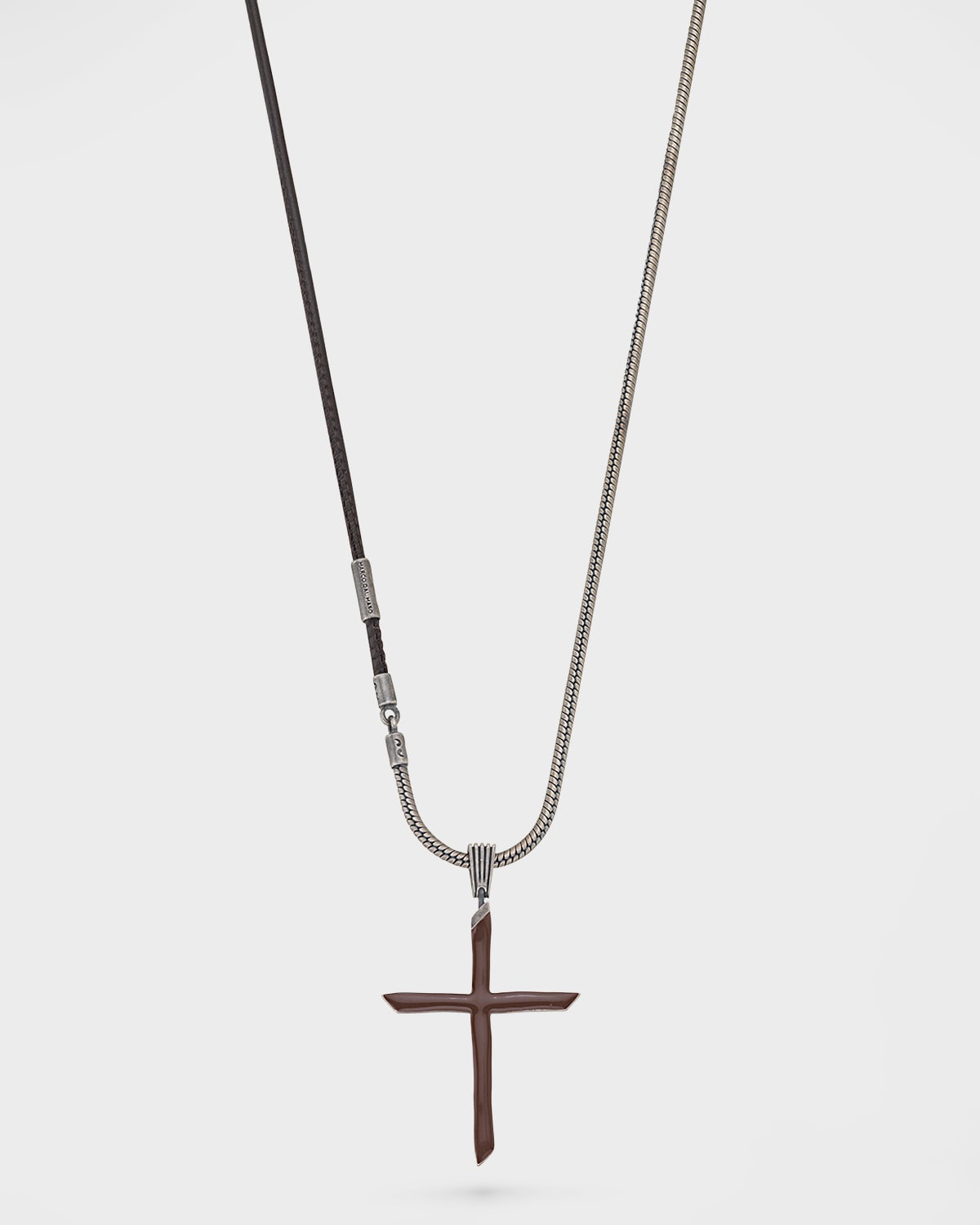 Marco Dal Maso The Cross Pendant Necklace In Oxidized Silver, Brown Enamel And Brown Leather