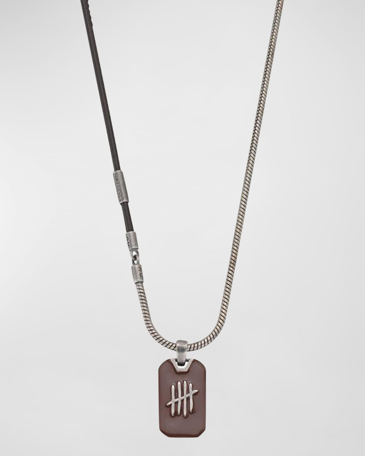 Marco Dal Maso Triumph Tag Pendant Necklace in Oxidized Silver, Brown Enamel and Brown Leather