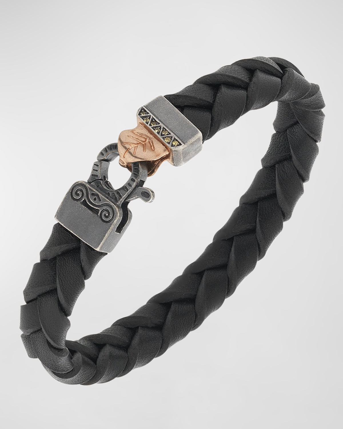Marco Dal Maso 18K Rose Gold Plated and Oxidized Bracelet with Blue Leather and Yellow Sapphires