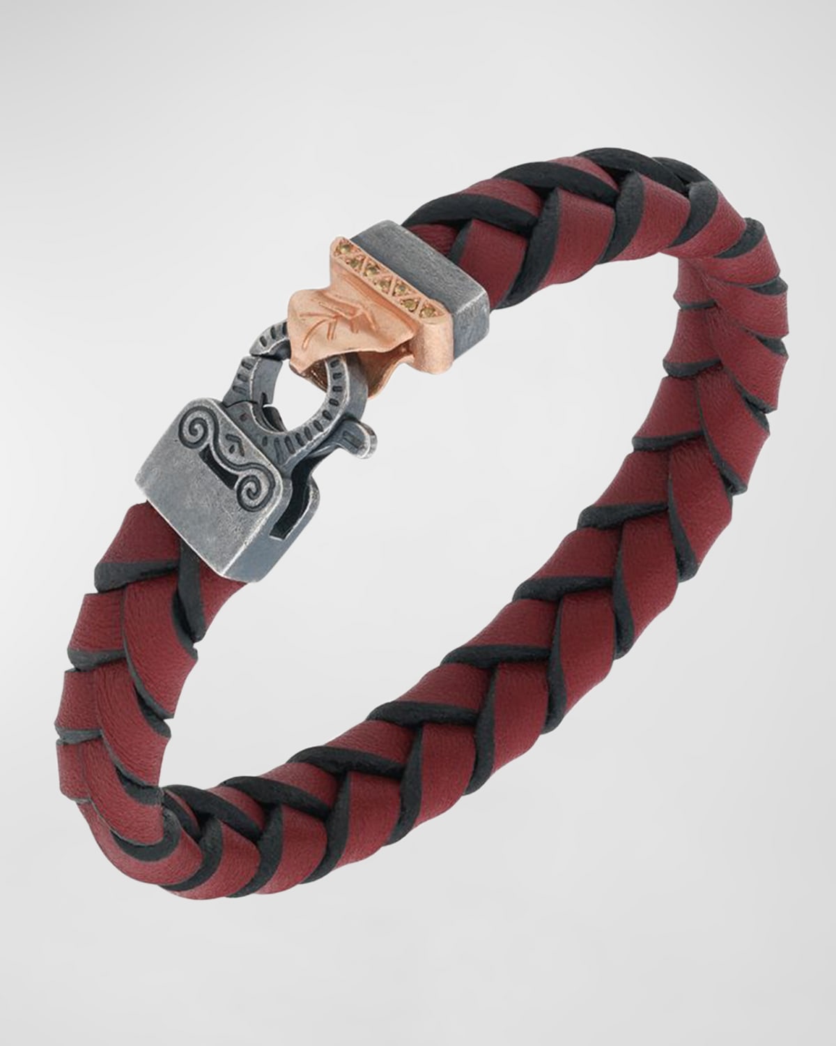 Marco Dal Maso 18K Rose Gold Plated and Oxidized Silver Bracelet with Red Genuine Leather and Yellow Sapphires