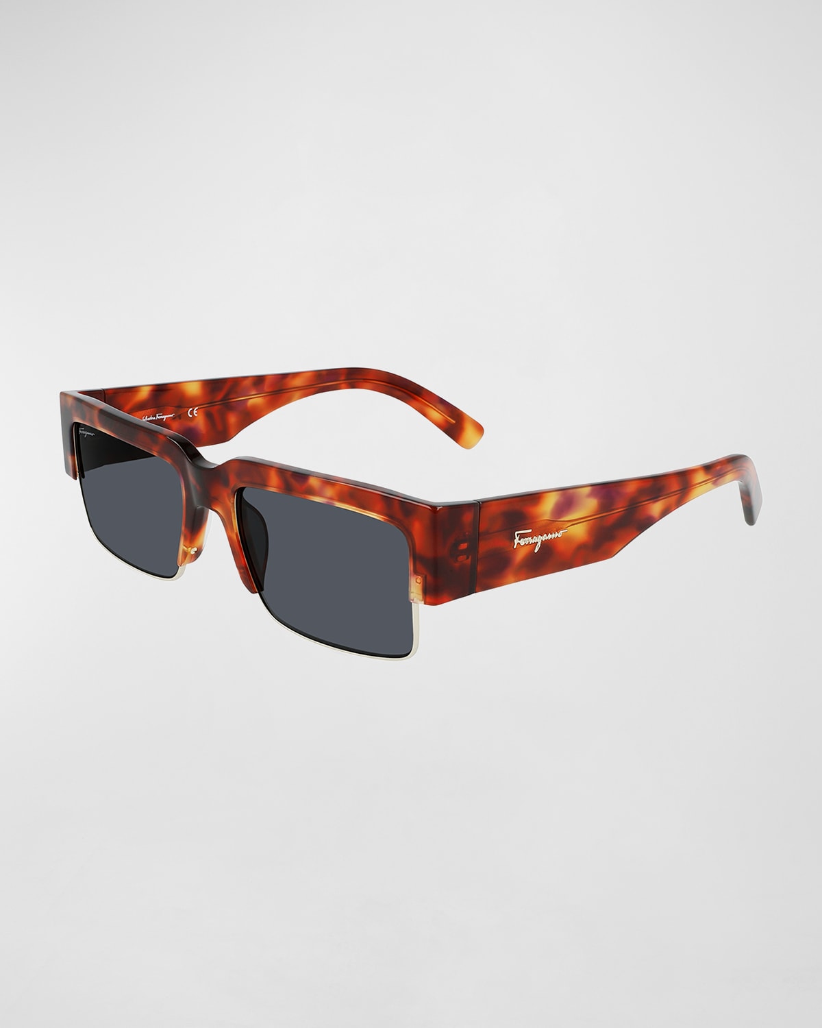 Ferragamo Men's Rectangular Sunglasses With Acetate Brow In Tortoise/gold