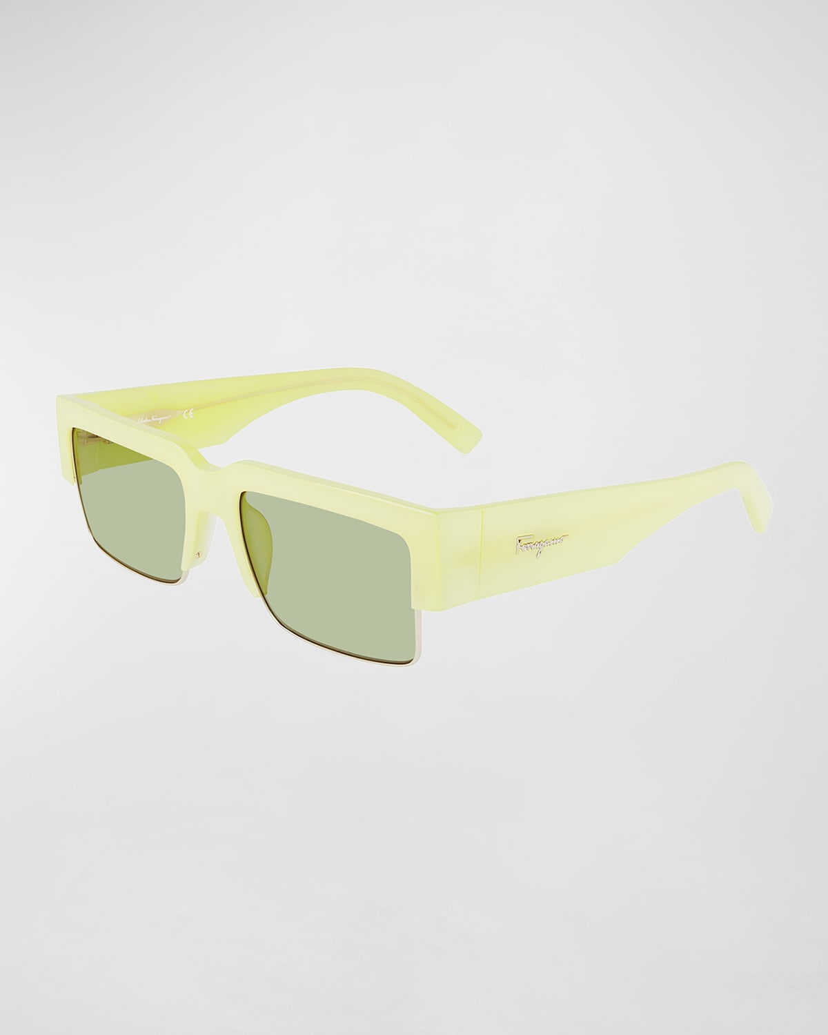 Ferragamo Men's Rectangular Sunglasses With Acetate Brow In Lime Light Yellow