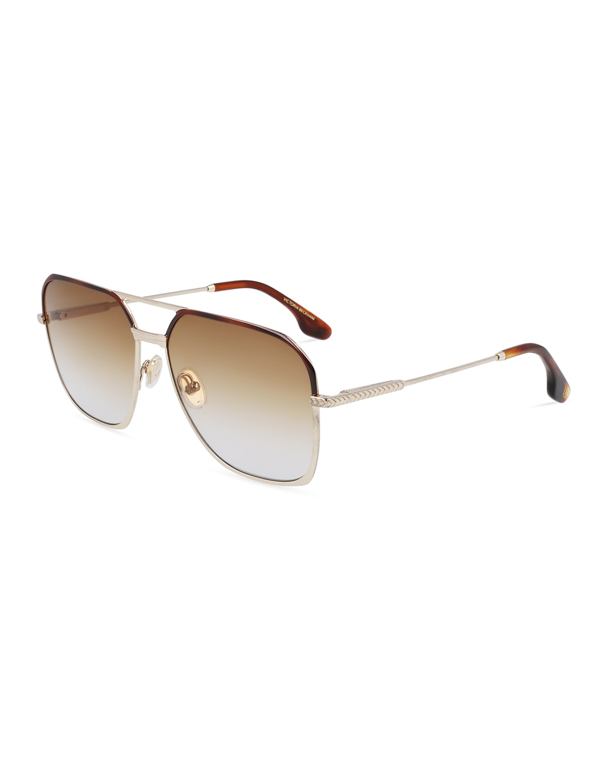 Victoria Beckham Gradient Metal Navigator Sunglasses W/ Chevron-trim In Gold/brown