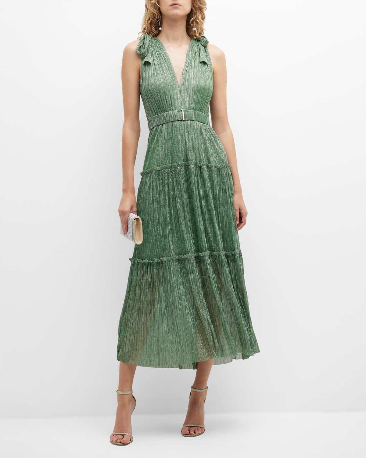 Sabina Musayev Helena Long Pleated Shimmer Dress In Basil