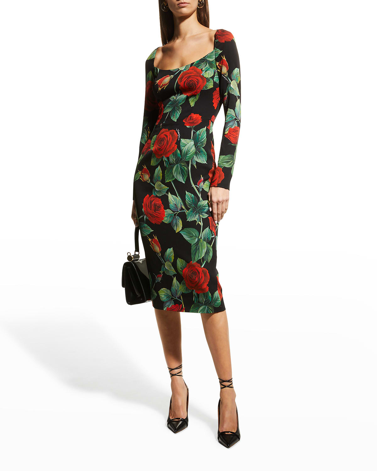 Dolce & Gabbana Rose-Print Midi Sheath Dress