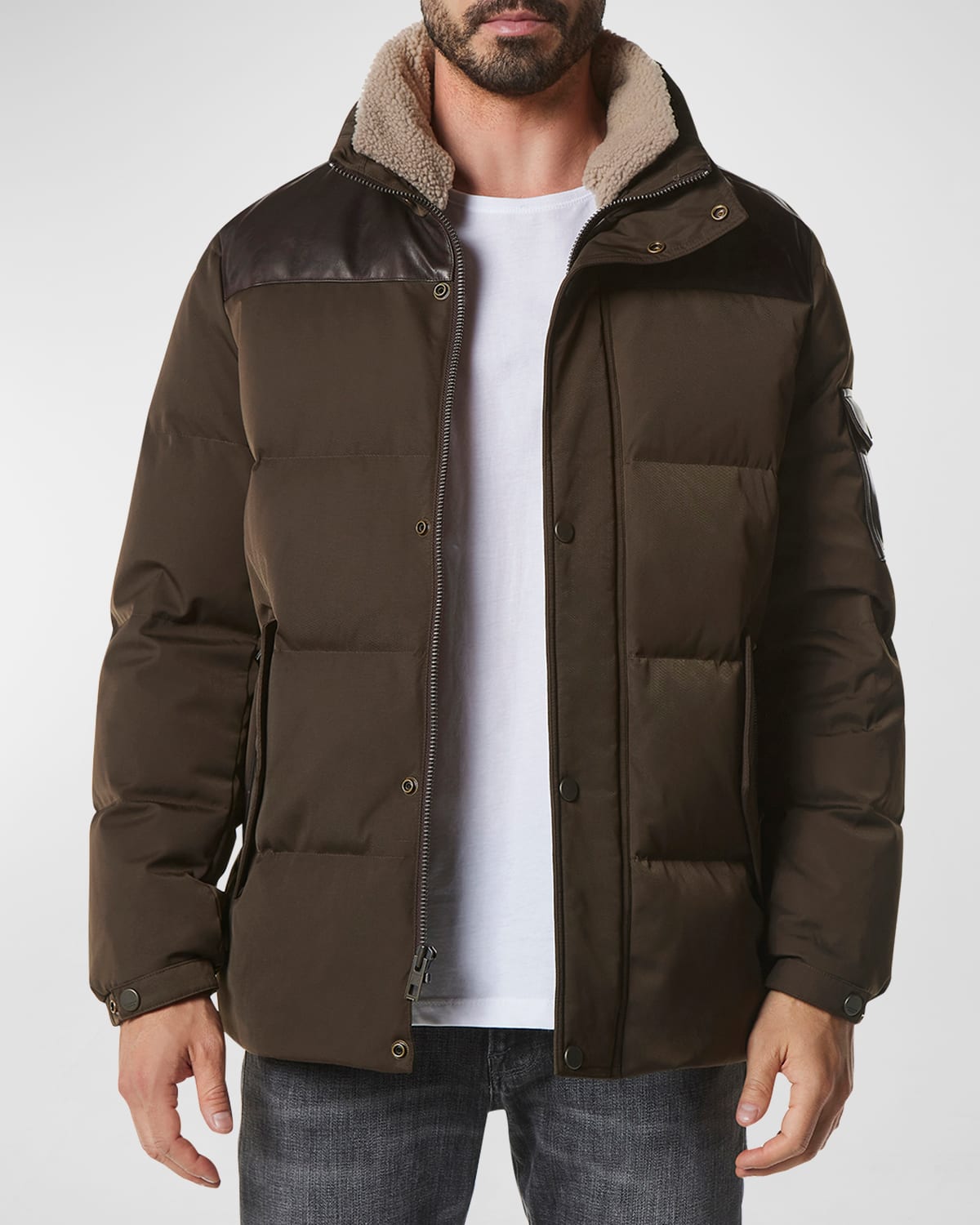 Andrew Marc Ainsworth Down Puffer Jacket with Genuine Shearling Trim in Jungle Smart Closet
