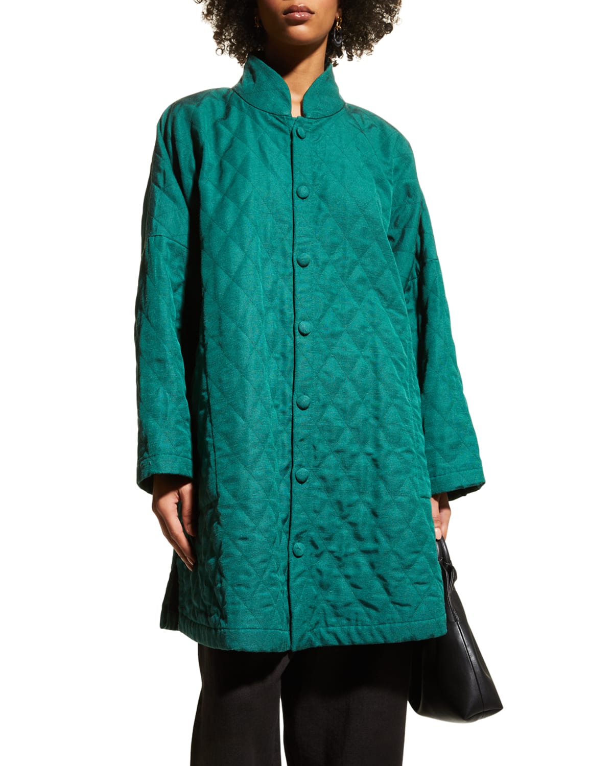 Eskandar Imperial Quilted Chinese Collar Long Plus Coat In Emerald