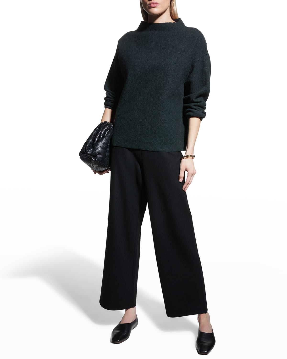 Eileen Fisher Petite Funnel-Neck Boiled Wool Box Top