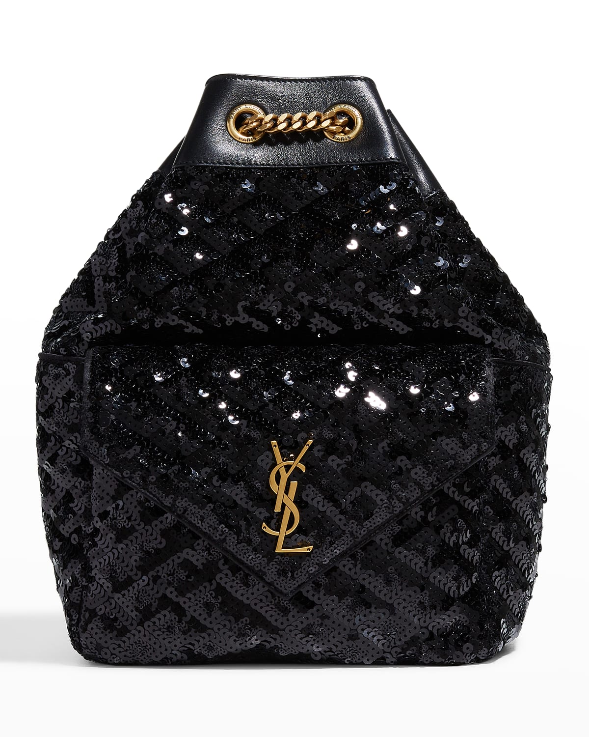 Saint Laurent Ysl Sequin Satin Chain Backpack In 1000 Nero