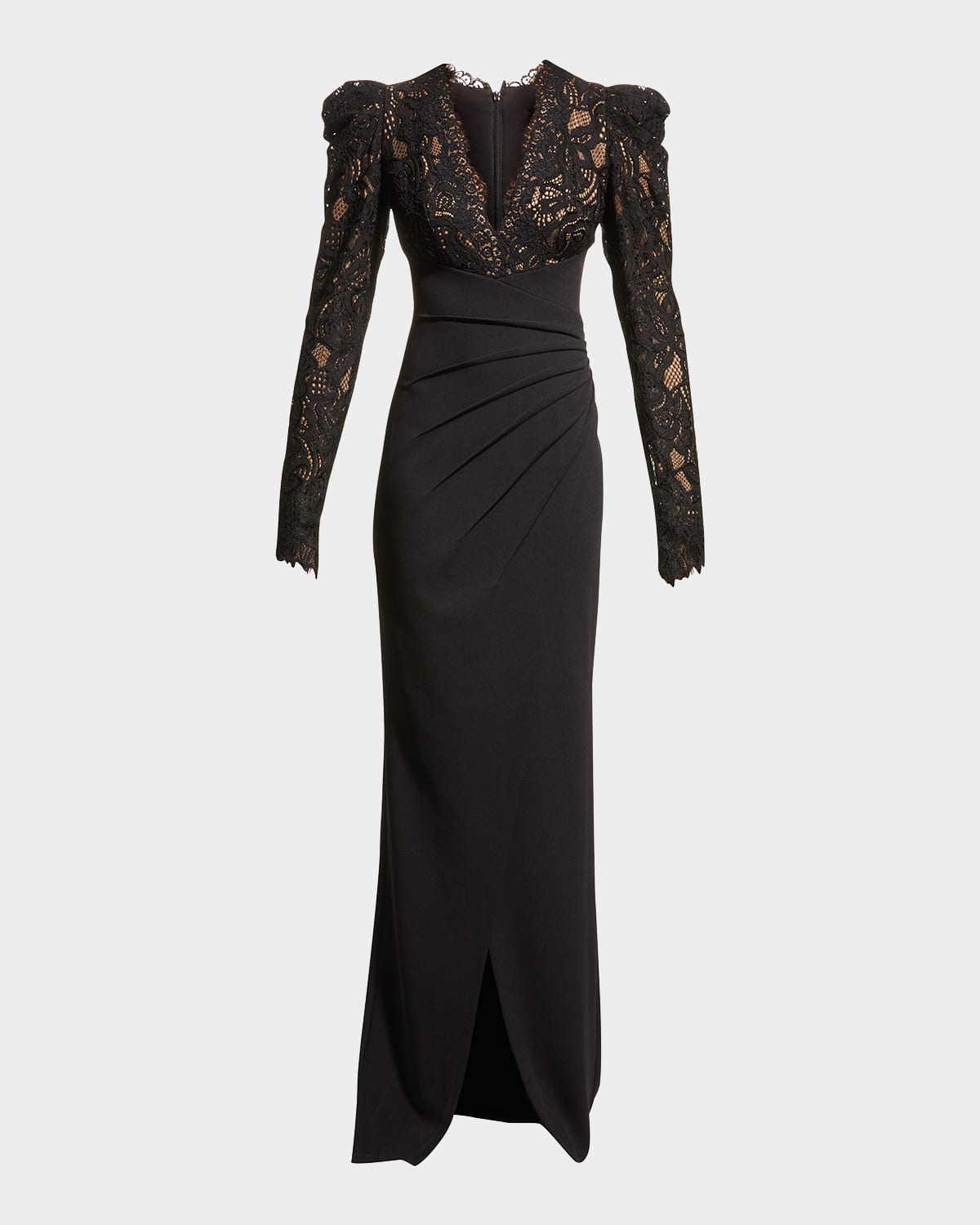 Tadashi Shoji Scallop Lace V-neck Long-sleeve Crepe Gown In Ivory/black