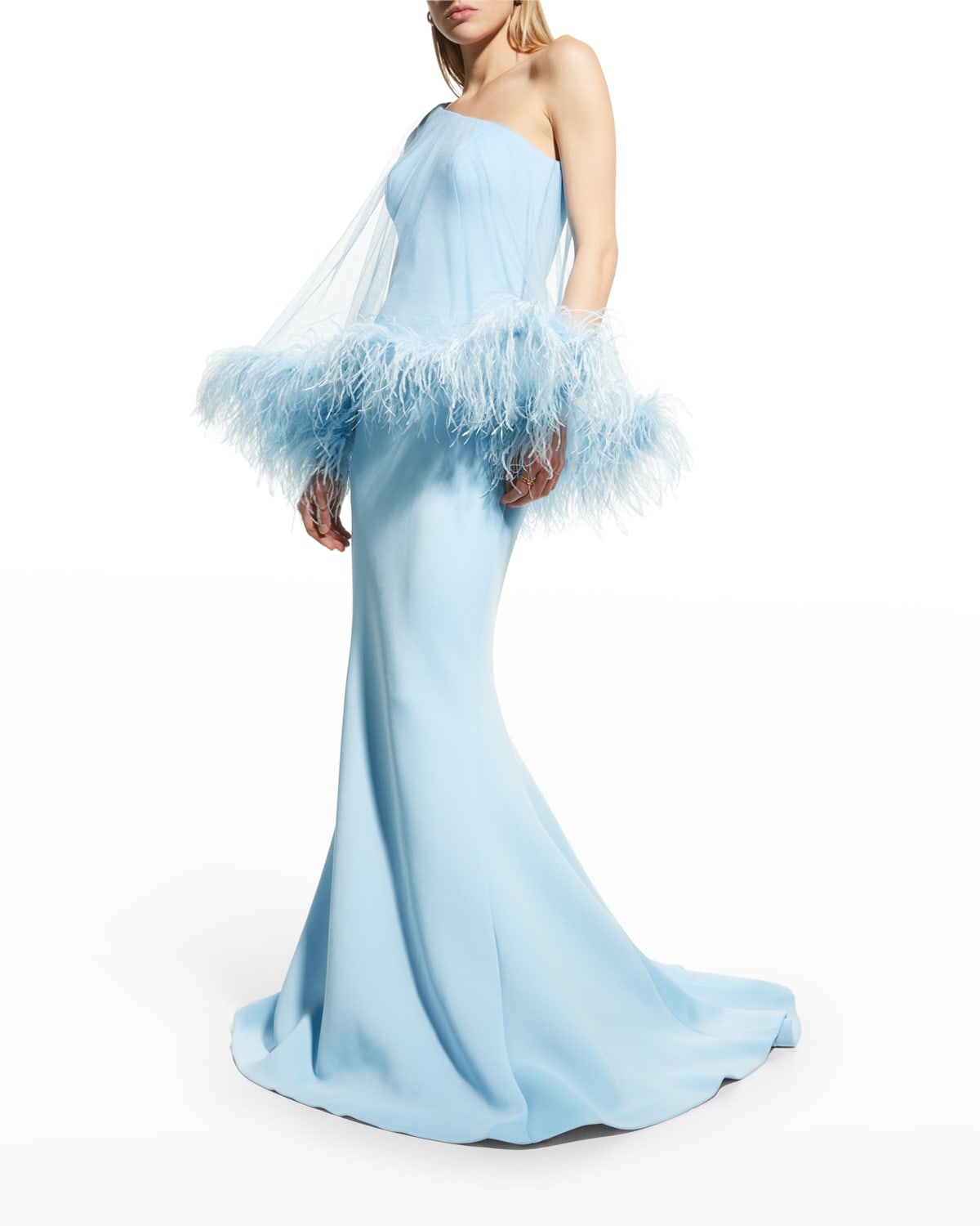 Jovani One-Shoulder Gown w/ Sheer Feathered Overlay