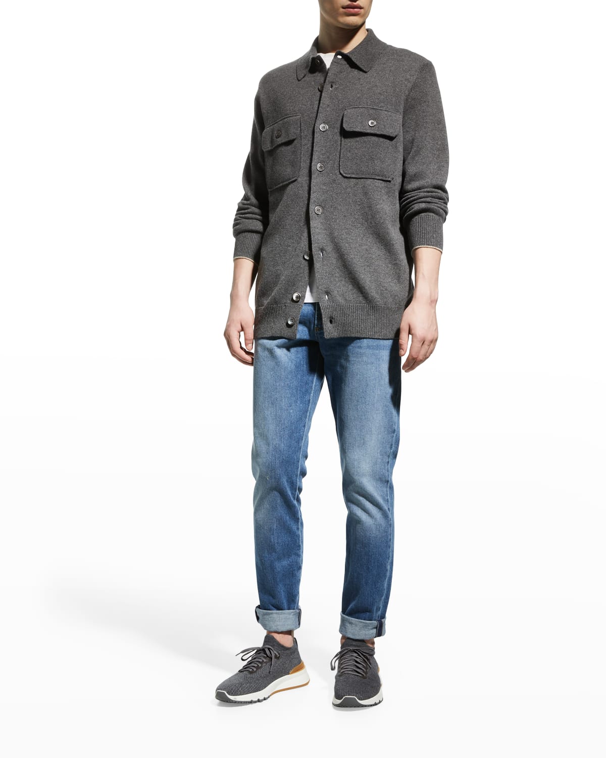 Brunello Cucinelli Men's Shirt-collar Button Sweater In Dark Grey