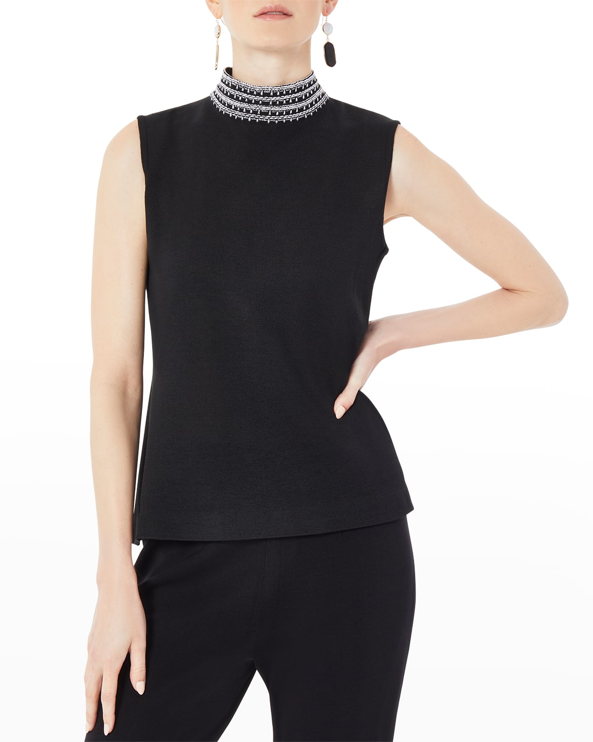 Misook Embroidered Mock-neck Knit Tank In Black New Ivory