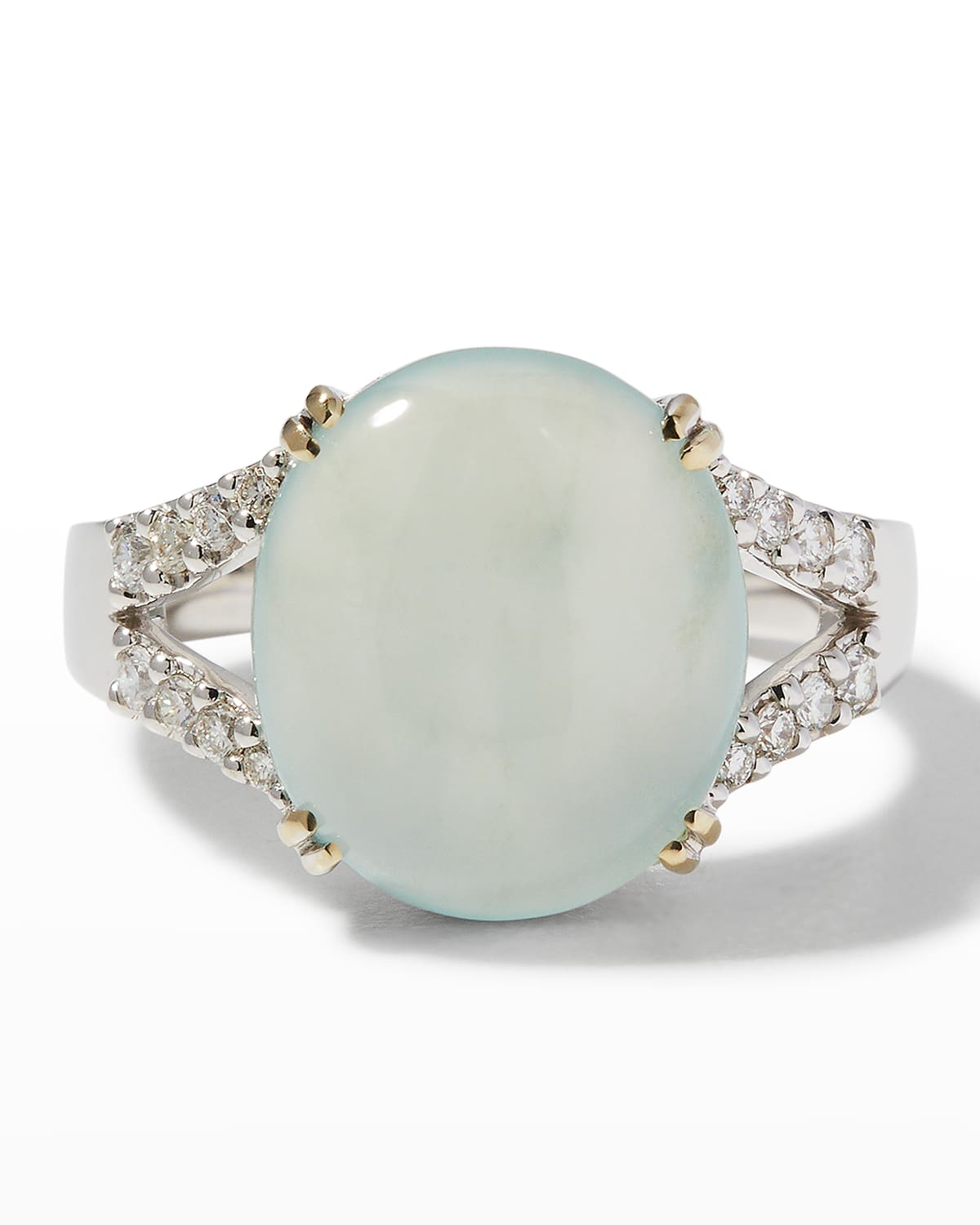 David C.A. Lin Rare Translucent Jade Oval Ring in White Gold with Diamonds, Size 6.5