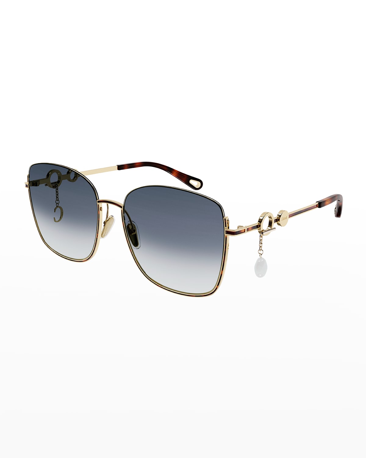 Chloé Semi-rimless Square Metal Sunglasses W/ Detachable Charms In Gold / Blue