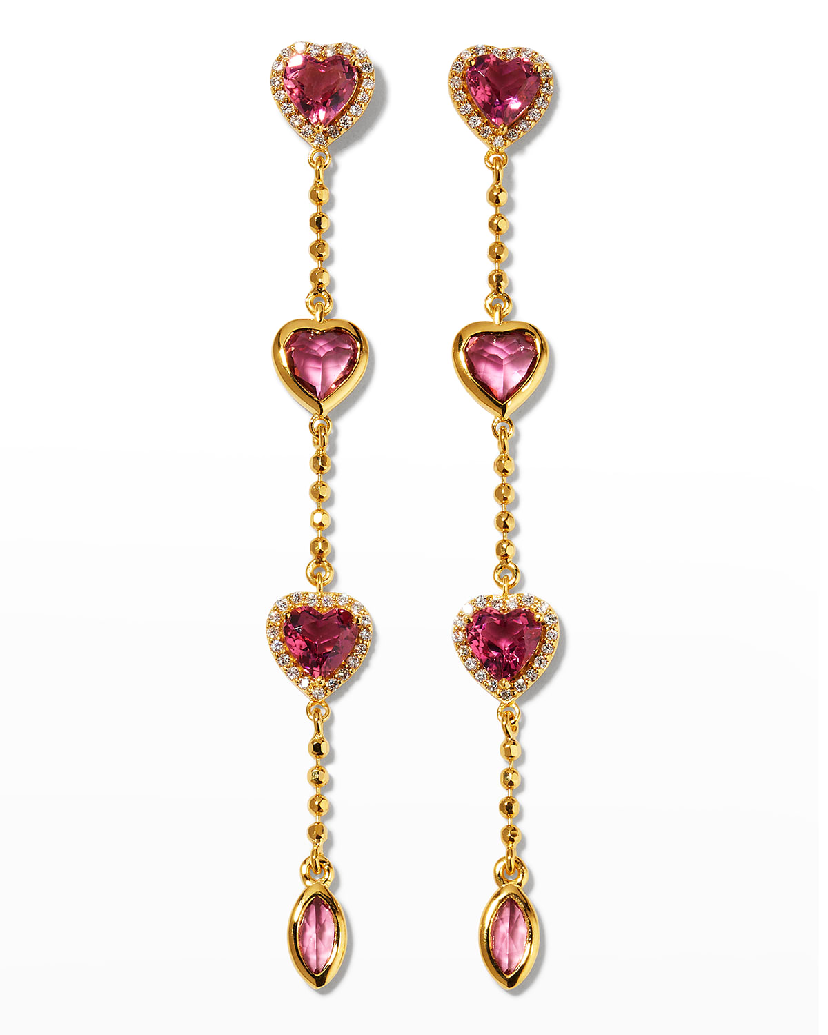 20k Rubellite Heart Drop Earrings with Diamonds