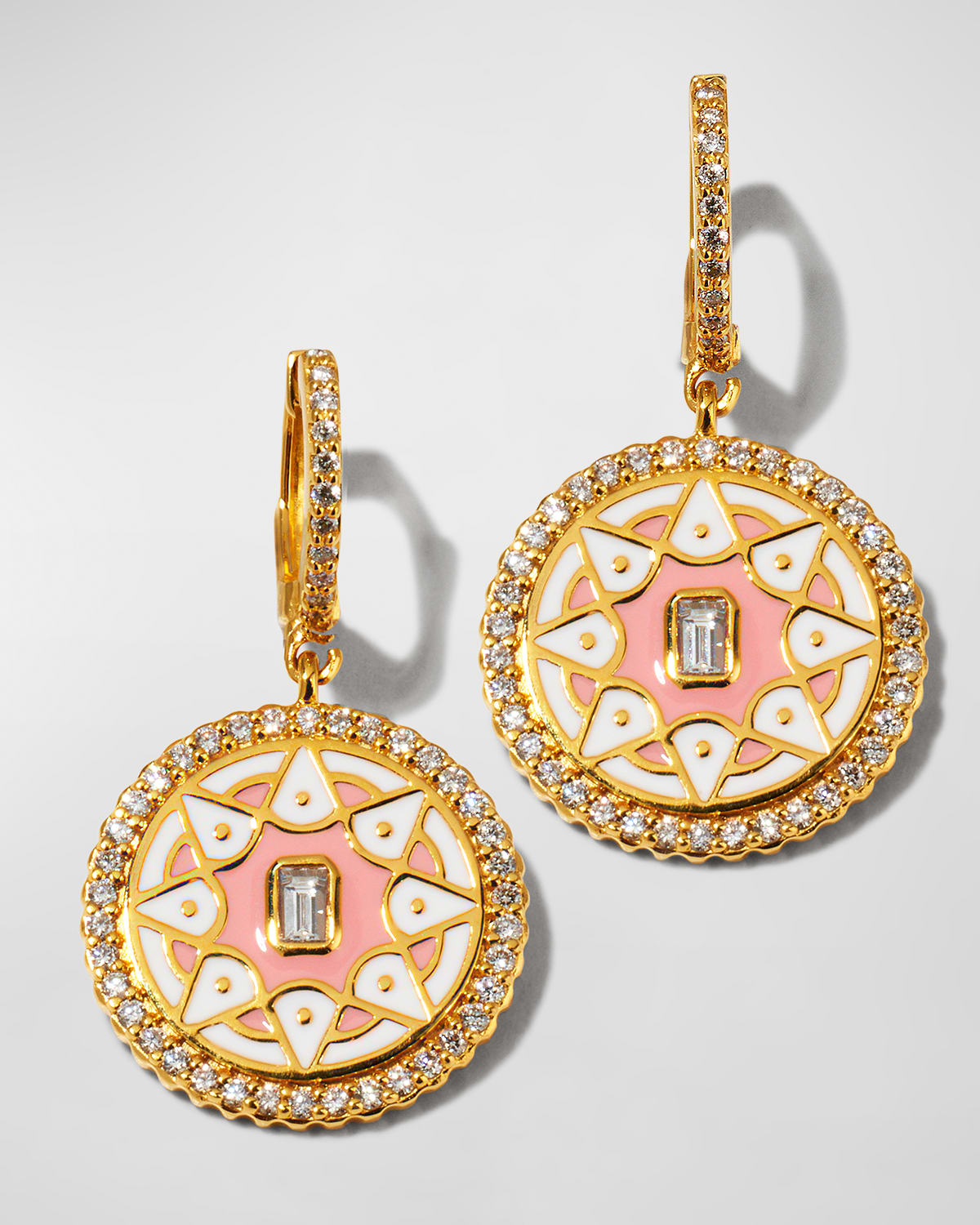 20K Pink and White Enamel Mandala Coin Earrings with Diamonds