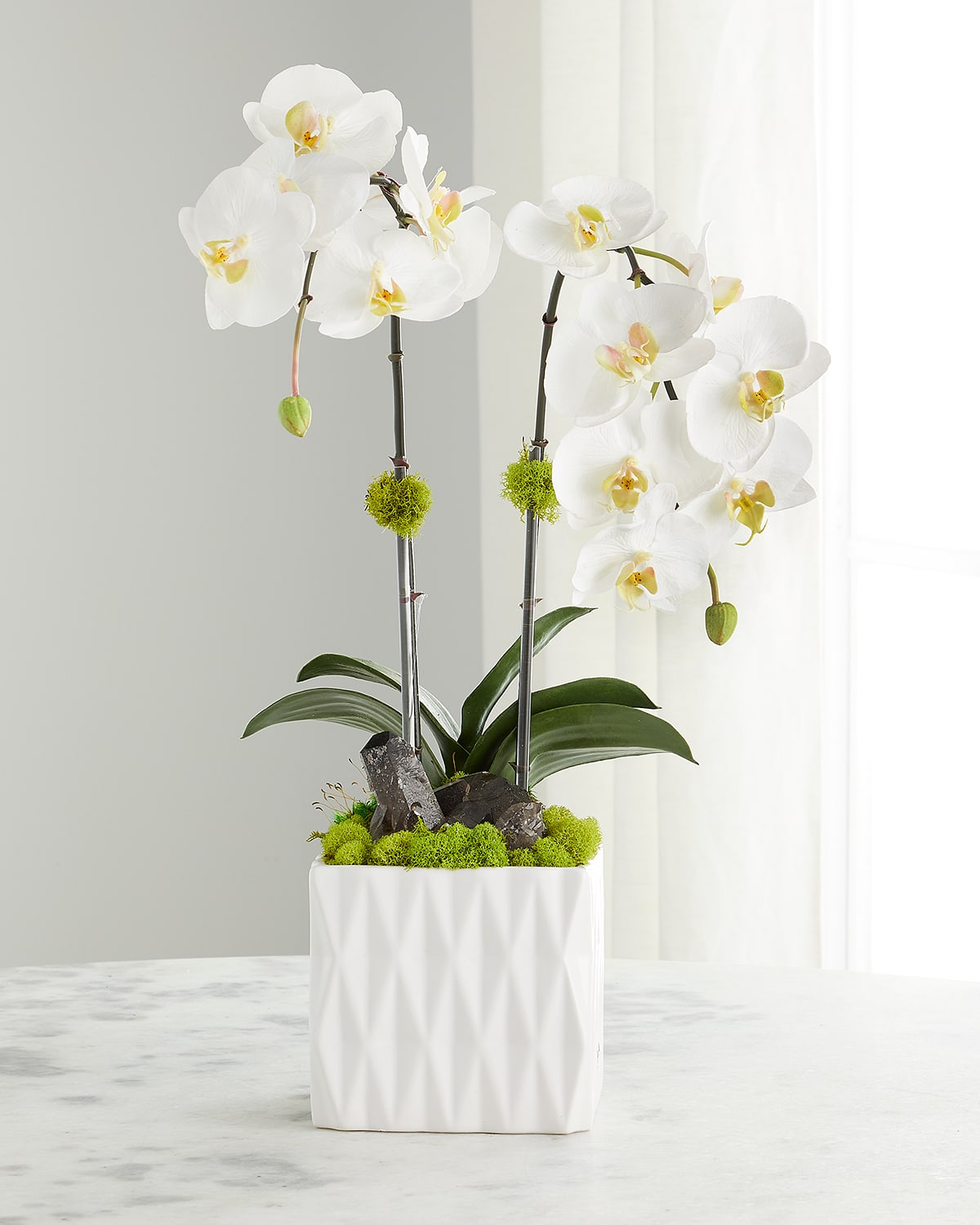 T & C Floral Company Double White Orchid Quartz Faux Floral Arrangement With White Ceramic Vase