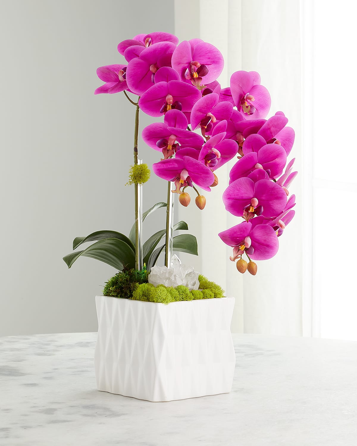 T & C Floral Company Double Orchid Quartz Faux Floral Arrangement In White Ceramic Vase