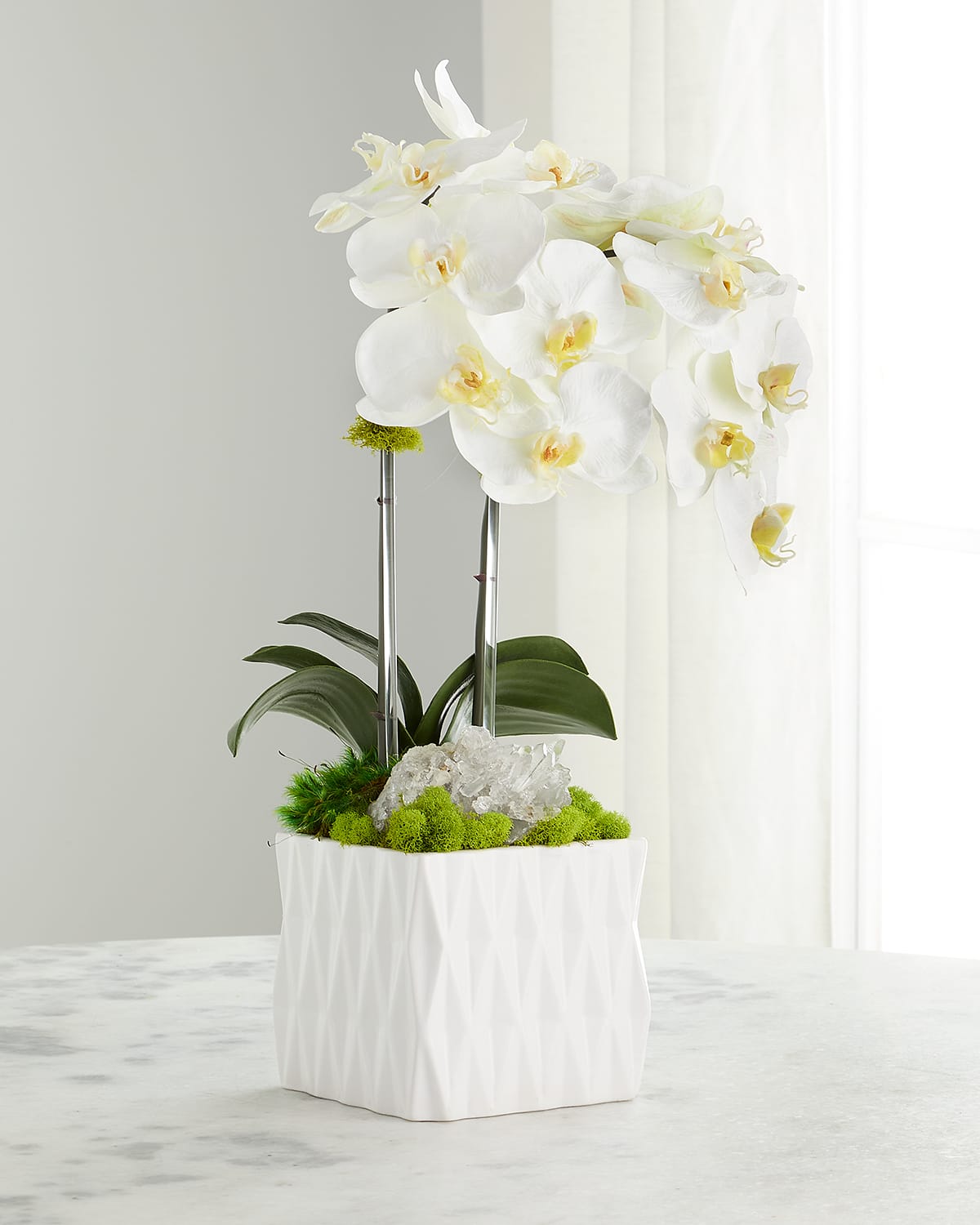 T & C Floral Company Double White Orchid Quartz Faux Floral Arrangement With White Ceramic Vase